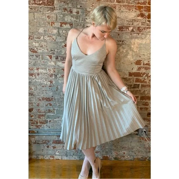 SOLD Elevenses Anthropologie Silver Shimmer Luna Dress Size 12 Strapp - Picture 2 of 6